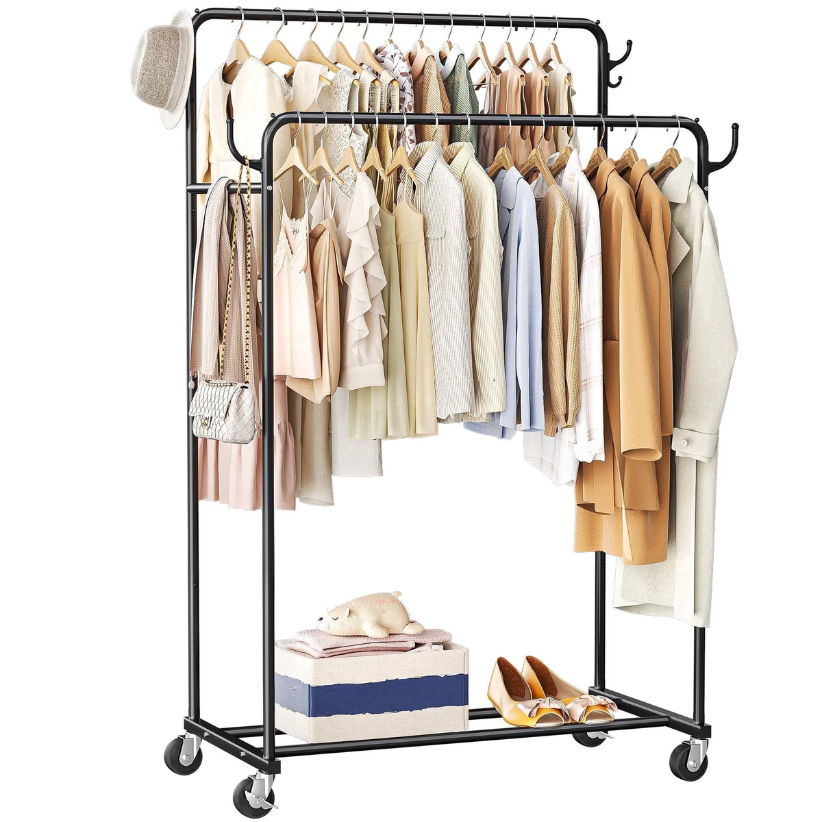 Urosisam Double Rod Metal Clothes Rack with Wheels and Hooks