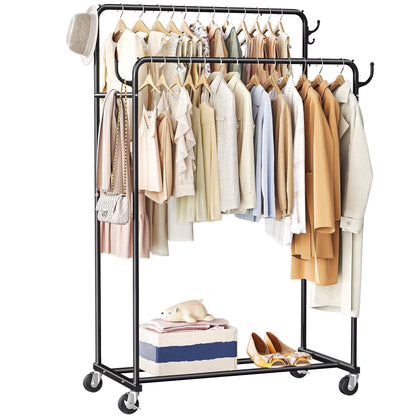 Urosisam Double Rod Metal Clothes Rack with Wheels and Hooks