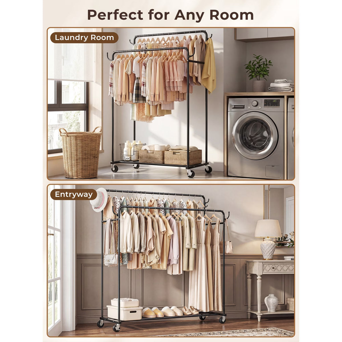 Urosisam Double Rod Metal Clothes Rack with Wheels and Hooks