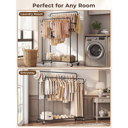 Urosisam Double Rod Metal Clothes Rack with Wheels and Hooks