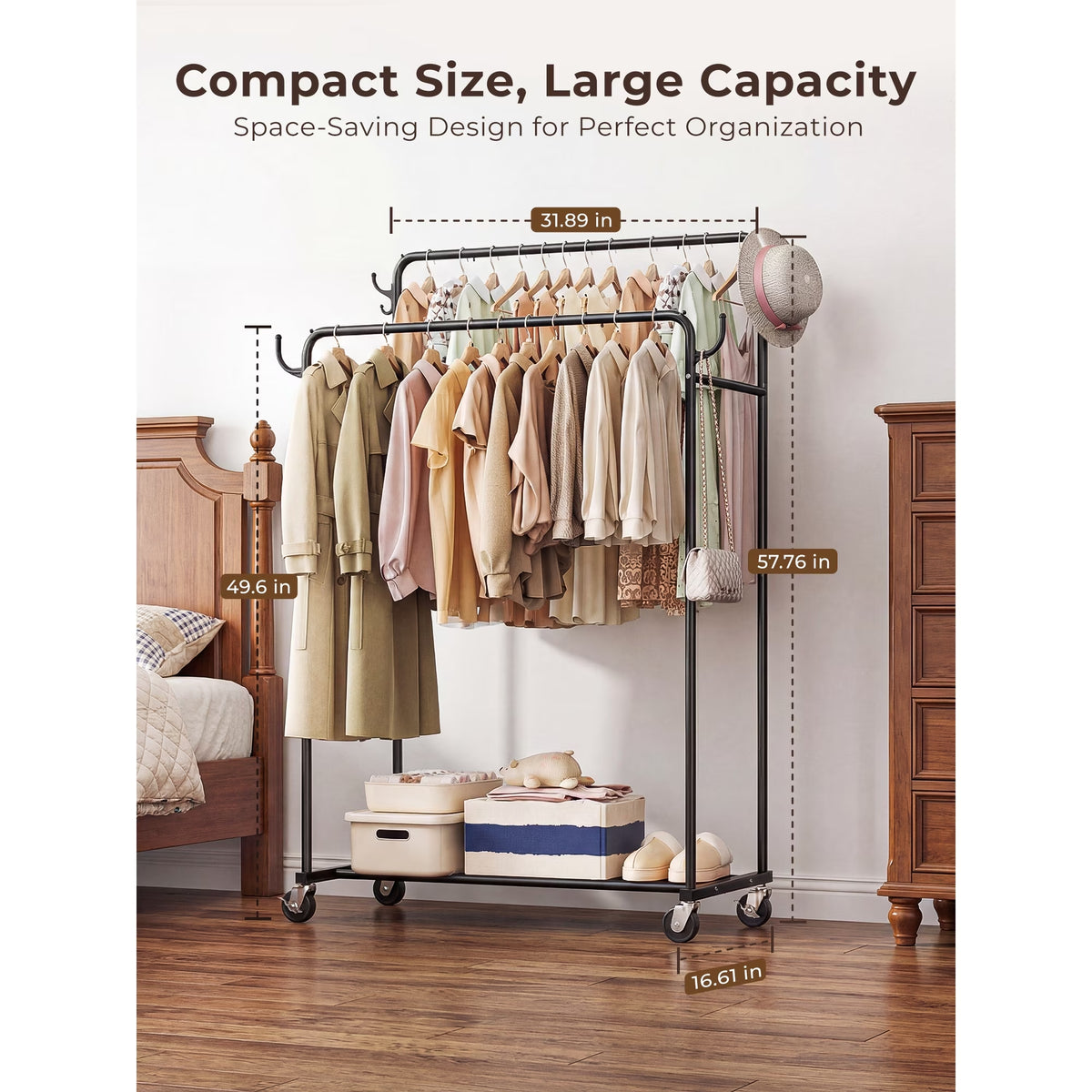Urosisam Double Rod Metal Clothes Rack with Wheels and Hooks