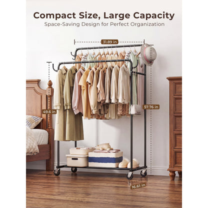 Urosisam Double Rod Metal Clothes Rack with Wheels and Hooks