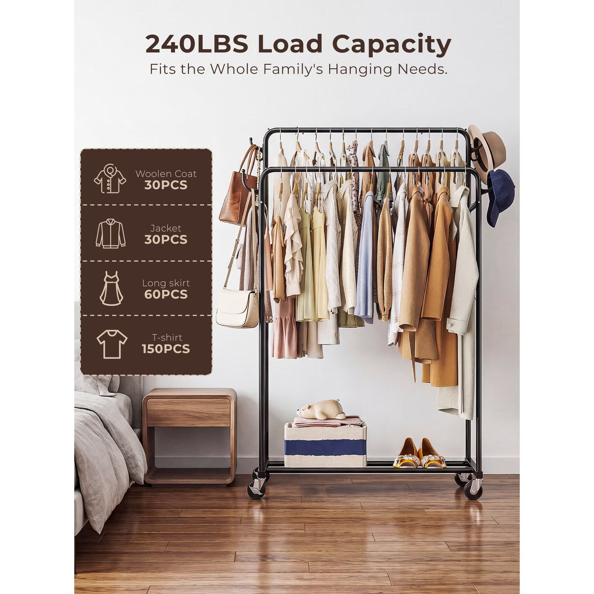 Urosisam Double Rod Metal Clothes Rack with Wheels and Hooks