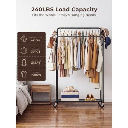 Urosisam Double Rod Metal Clothes Rack with Wheels and Hooks