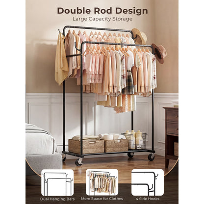 Urosisam Double Rod Metal Clothes Rack with Wheels and Hooks
