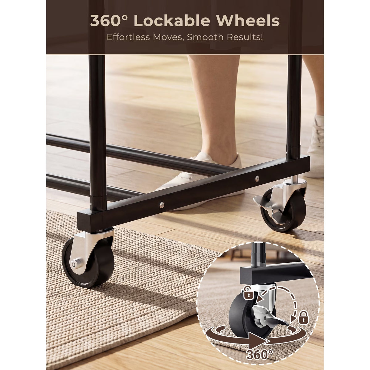 Urosisam Double Rod Metal Clothes Rack with Wheels and Hooks