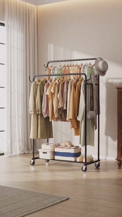 Urosisam Double Rod Metal Clothes Rack with Wheels and Hooks
